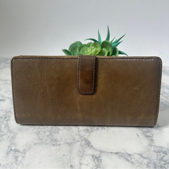Fossil Wallet Knox Flap Clutch Brown Olive Pebbled Leather Brass Hardware - Picture 3 of 7